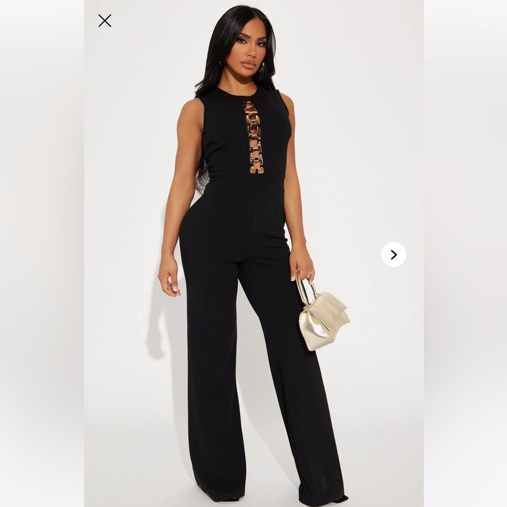 Fashion Nova Black Wide Leg Jumpsuit with Gold Chain Detail